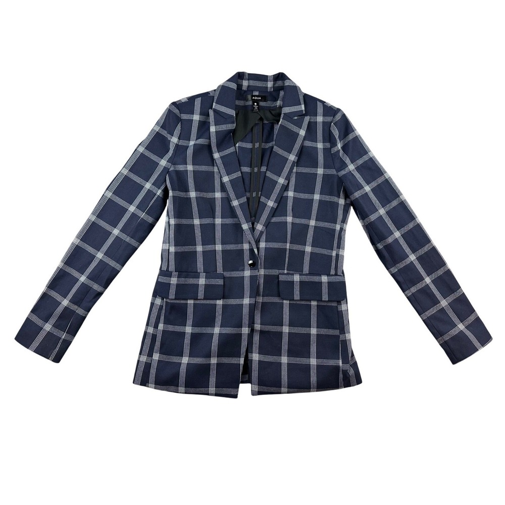 Aqua Blazer Jacket Women XS Blue Navy Plaid Button Front Pockets Preppy Workwear